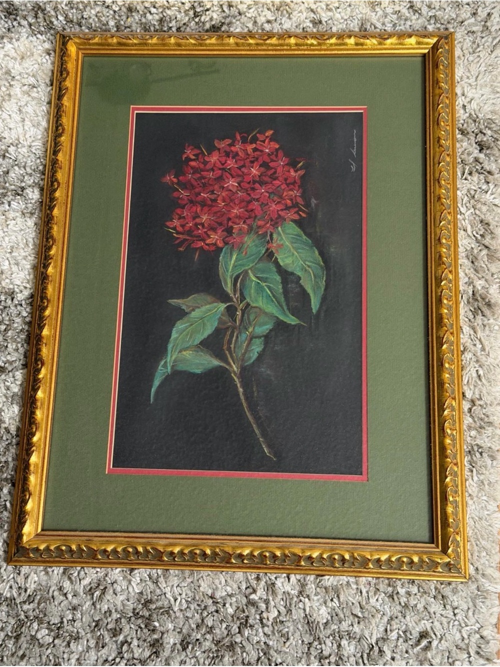 Framed Red Floral Wall Art Print with Green Mat - Picture 2 of 5